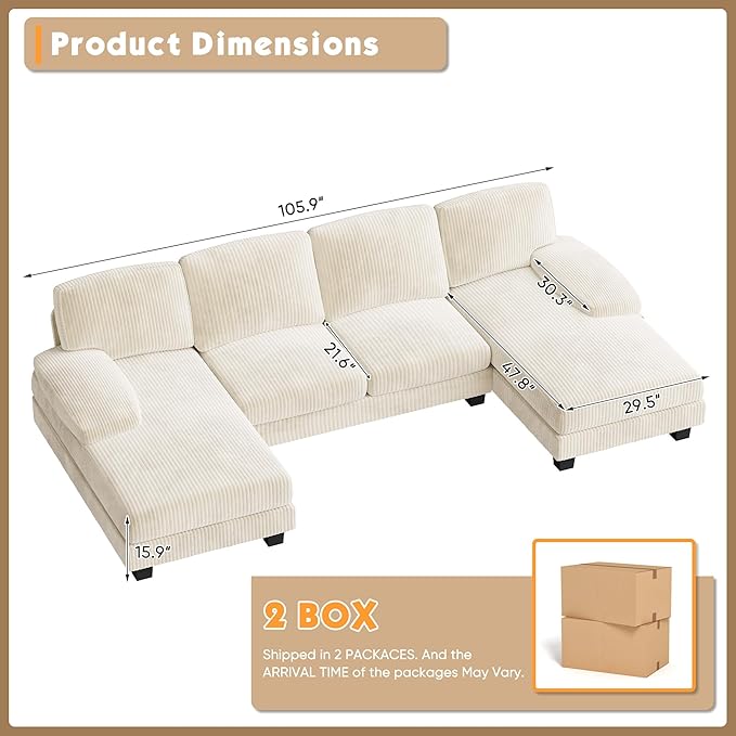 Homall Modular Sectional U Shaped Sofa Couches for Living Room, Comfy Chenille 4 Seat Sofa Set with Removable Pillows, Lounge Chaise Upholstered Couch for for Apartment (Corduroy, Light Beige)