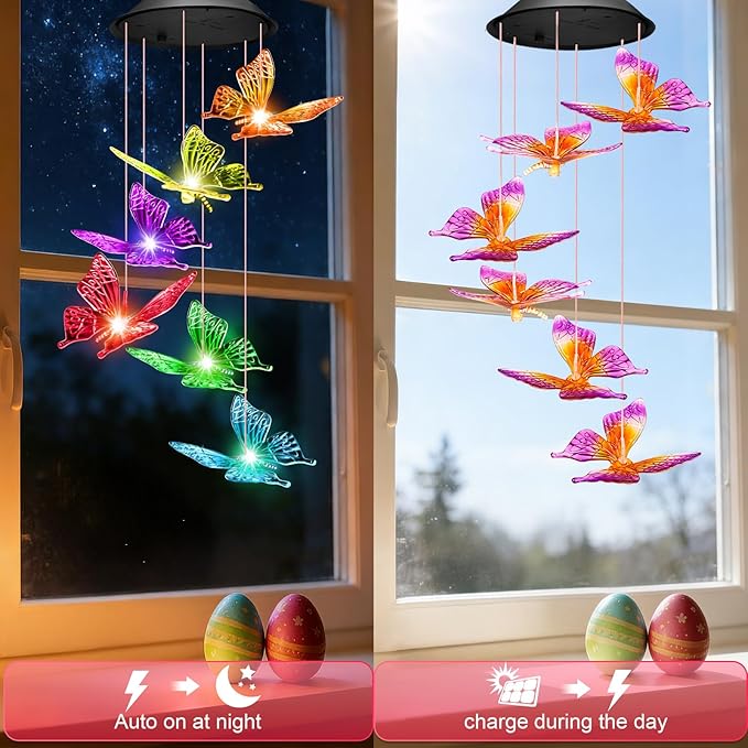 Easter Basket Stuffers Gifts for Her Mom Grandma, Birthday Gardening Gifts for Women, Winzwon Solar Lights Outdoor Wind Chimes for Garden Yard Patio Porch Decor Hanging Butterfly Decorations