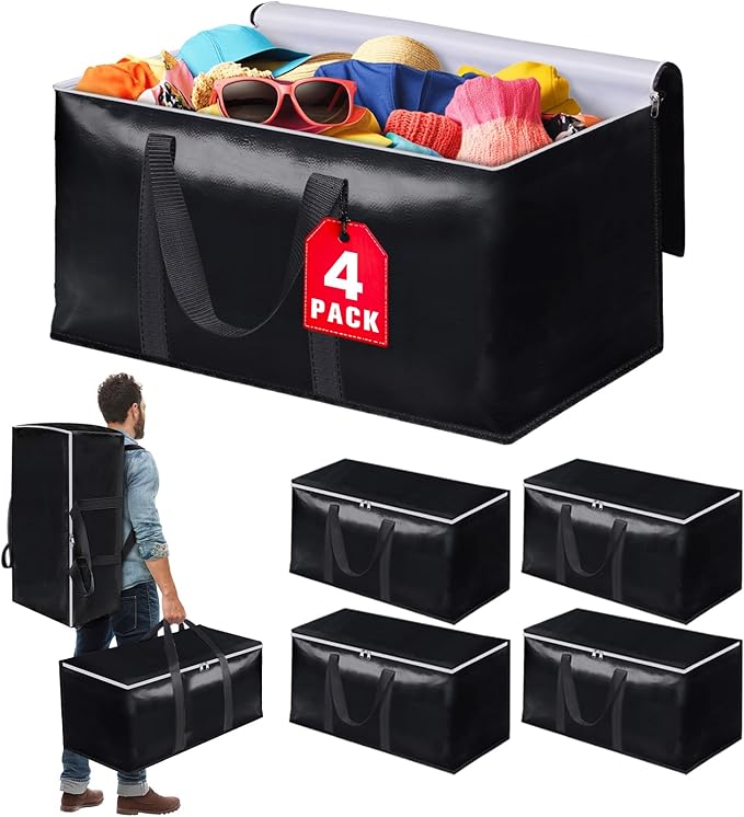 Heavy-Duty & Extra Capacity Moving Bags with Backpack Straps, Storage Totes with Double Zipper & Strong Handles, Packing Bags Alternative to Moving Boxes, Moving Supplies (4 Pack, Black)