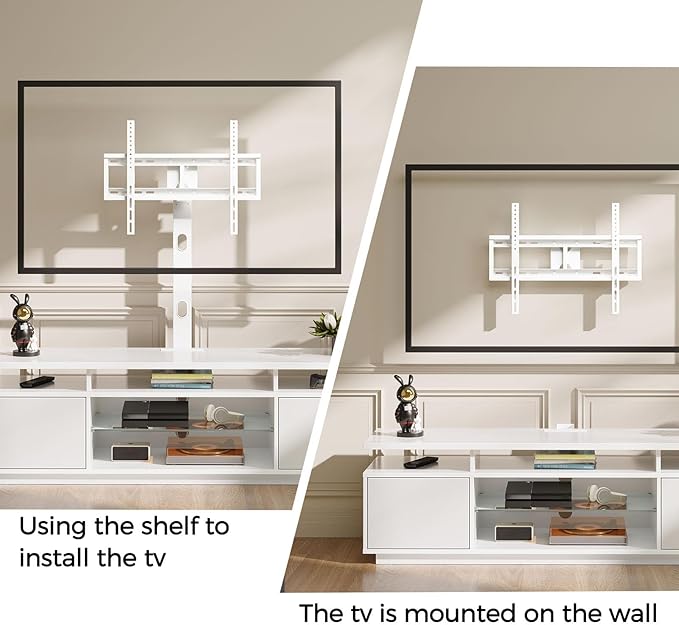 Rolanstar TV Stand with Mount and Power Outlet 59.1", Swivel TV Stand Mount for 32/45/55/60/65/70 inch TVs, Height Adjustable Modern Entertainment Center with Storage & LED Lights, TV Table White