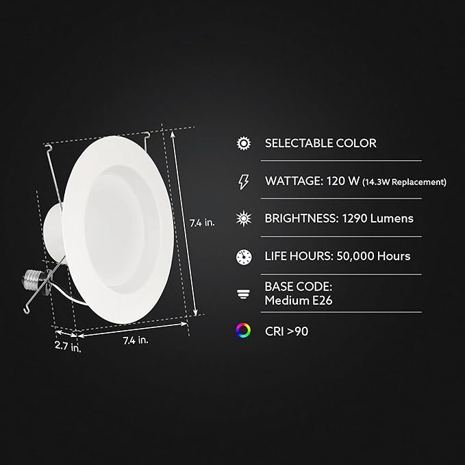 Feit Electric 5-6" LED Recessed Downlight, 120W Equivalent, Dimmable, 5CCT Selectable White, High Output, 90 CRI, 1290 Lumens, 45-Year Lifetime, LEDR56HO/6WYCA/6, 6 Pack