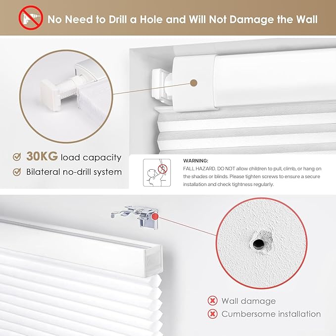 LazBlinds No Tools No Drill Cordless Cellular Shades, Blackout Light Blocking Honeycomb Shades for Home, Thermal Insulation Blinds for Windows, 23" W x 36" H, White