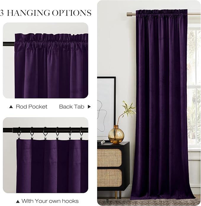 NICETOWN Purple Blackout Curtains for Backdrops, Thermal Insulated Noise Reducing Velvet Curtains for Film, Extra Long Window Curtains for Large Door Windows (2 Panels, 52-inch Wide x 120-inch Long)