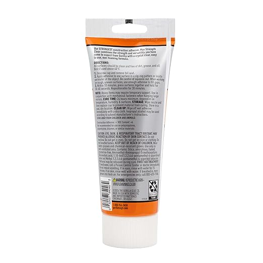 Gorilla Max Strength Construction Adhesive, Clear Glue, 7 Ounce Squeeze Tube (Pack of 1) - Gap Filling and Waterproof