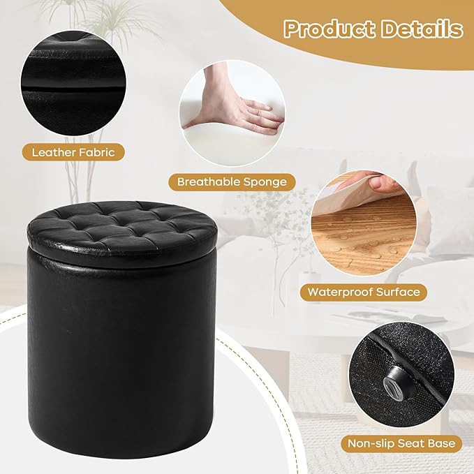 Round Ottoman with Storage Set of 2, 12.6" W x 14.17" H & 14.76" W x 17.32" H Faux Leather Storage Ottoman for Living Room Bedroom, Small Coffee Table Padded Ottoman, Black