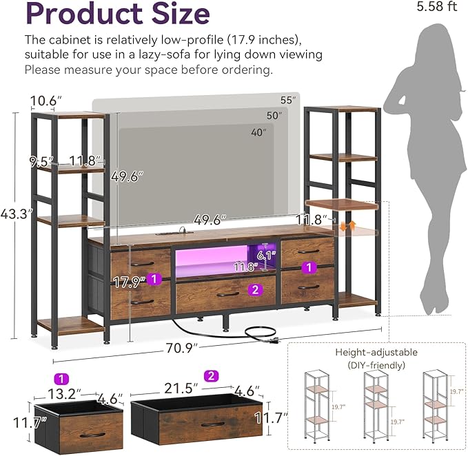 Casaottima TV Stands for 40/43/50 Inch TV, Entertainment Center with LED Lights & Power Outlets, TV Stand for Living Room with 5 Fabric Drawers, TV Console Cabinet, Rustic Brown