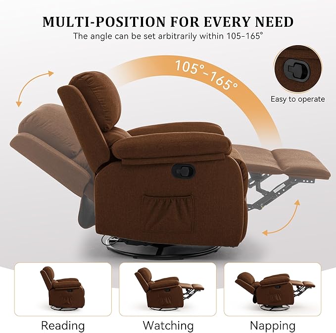 Recliner Chair, 360 Swivel Rocker Chair for Adults, Small Rocking Recliner for Small Spaces, Upholstered Fabric Glider Recliner Nursery