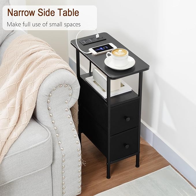 Narrow Nightstand with Charging Station, End Tables Living Room Set of 2, Skinny Side Table with Fabric Drawers, Slim Sofa Table for Bedroom, Small Spaces, Couch, Black, HETNDP02BK