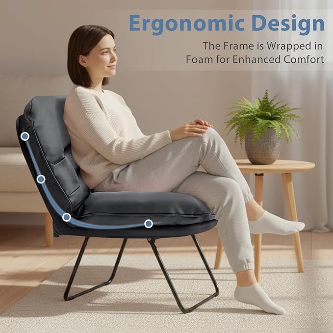 DUMOS Comfy Saucer Chair,PU Leather Foldable Chairs for Bedroom, Dorm & Gaming, Foldable Fashion Floor Chair with Back Support for Small Spaces, New Black