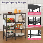 SWTYMIKI Kitchen Island Cart on Wheels - 4 Tier Rolling Kitchen Table Cart with Storage Shelves, 6 Removable Hooks& Locking Casters, Coffee Bar Cabinet for Dining Room Pantry Office, Black