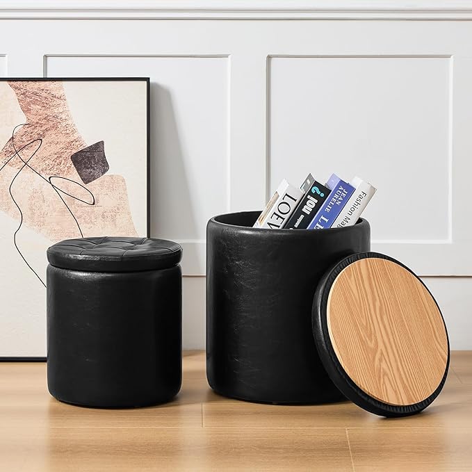 Round Ottoman with Storage Set of 2, 12.6" W x 14.17" H & 14.76" W x 17.32" H Faux Leather Storage Ottoman for Living Room Bedroom, Small Coffee Table Padded Ottoman, Black