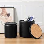 Round Ottoman with Storage Set of 2, 12.6" W x 14.17" H & 14.76" W x 17.32" H Faux Leather Storage Ottoman for Living Room Bedroom, Small Coffee Table Padded Ottoman, Black