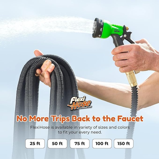Flexi Hose Plus Expandable Garden Hose with 8 Function Nozzle, 25FT - Lightweight Retractable Garden Hose, Water Hose - No-Kink Flexibility, 3/4 Inch Solid Brass Fittings Includes Hook & Bag