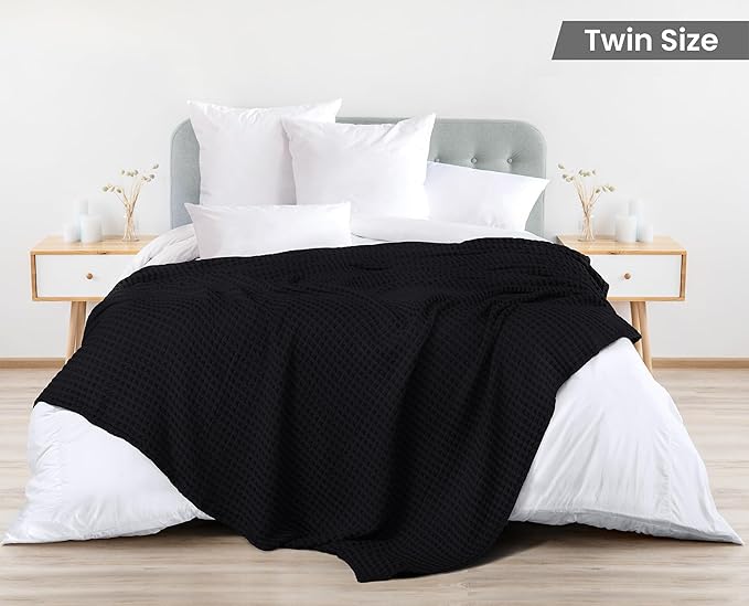 Utopia Bedding Black 100% Cotton Waffle Blanket 300 GSM [Twin - 90x72 Inch] Soft Lightweight Breathable Dorm Bed Blanket for All Season