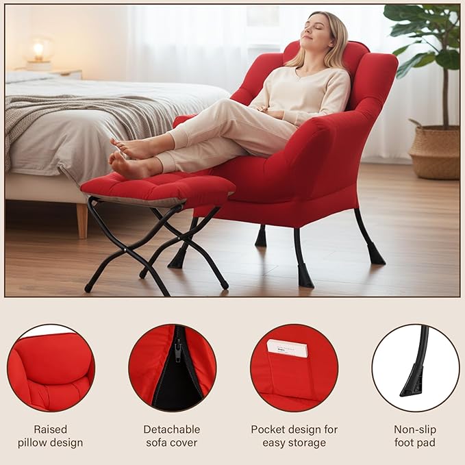 Welnow Lazy Chair with Ottoman, Modern Accent Chair with Armrests and a Side Pocket, Leisure Sofa Armchair Set, Reading Armchair with Footrest for Small Space, Red
