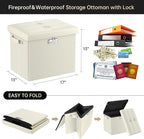 DocSafe Storage Ottoman with Lock,Fireproof＆Waterproof 17 Inches Folding Storage Box with Handles Safe for Important Documents,Leather Storage Ottoman Storage Chest for Living Room,Bedroom,Beige