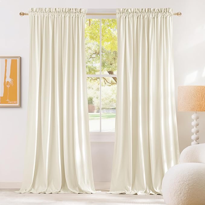 NICETOWN Thermal Insulated Velvet Curtains Ivory 96 Inch Length, Heavy Duty Keep Warm Drapes Room Darkening Thermal Insulated Curtains for Patio Hall Villa, Bedroom Window Treatment Set of 2 Panels