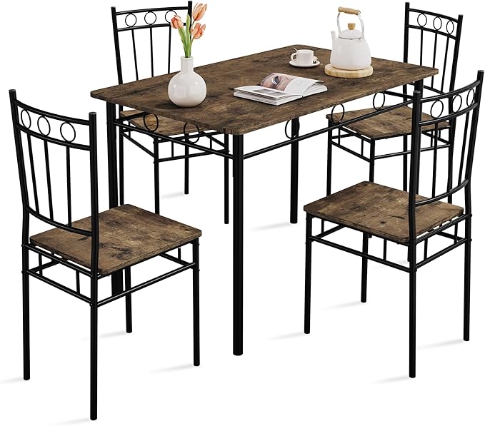 Vipbear 5-Piece Kitchen Table Set,Kitchen Dining Table Set for 4, Dining Room Table Sets with 4 Chairs,Rectangular Kitchen Table Set for Small Space, Dinette,Apartment, Classic Brown