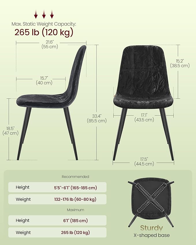 VASAGLE Set of 4 Dining Chairs, Dining Room Kitchen Chairs, Metal Frame, Adjustable Feet, Easy to Clean, Glacier-Textured PU Leather, for Kitchen, Ink Black UKDC188B01V1