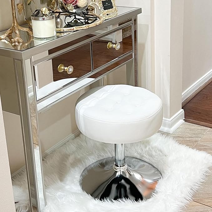 Furniliving PU Leather Makeup Ottoman Stool, 16.5" to 20.5" Height Adjustable Swivel Vanity Stool Round Ottoman Chair for Living Room Bedroom Entryway, IvoryWhite