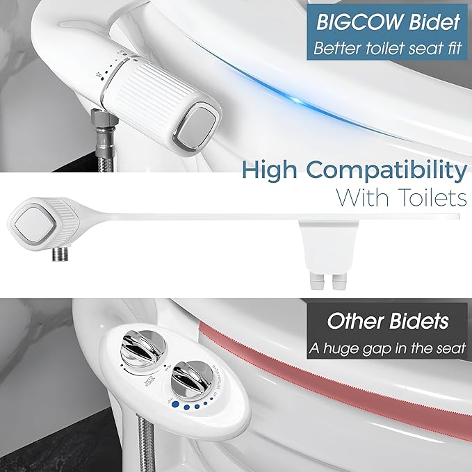 BIGCOW Ultra-Slim Bidet Attachment for Toilet - Dual Nozzle (Frontal & Rear Wash) with Adjustable Cold Water Pressure and Stainless Steel Inlet - Hygienic Solution for Fresh Cleanliness, Silver 1 Pcs