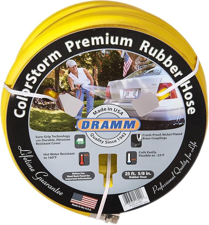 Dramm ColorStorm Premium Rubber Garden Hose, No Kink, Leak Proof Water Hose, Male Female Fittings, Made in USA, Hot & Cold Resistant, 518 Burst PSI, Yellow, 5/8"x50'