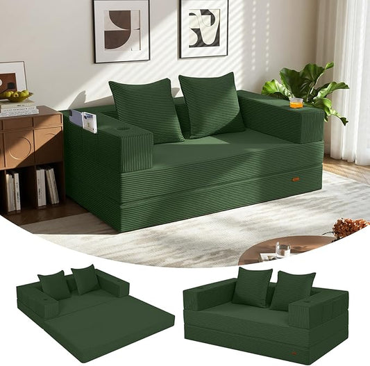 COMAX Futon Sofa Bed, 4‑in‑1 Convertible Sofa Bed, Folding Boneless Couches for Living Room, Fold Out Small Foldable Loveseat Floor Sleeper Comfy Mattress Lounge Space‑Saving, Green