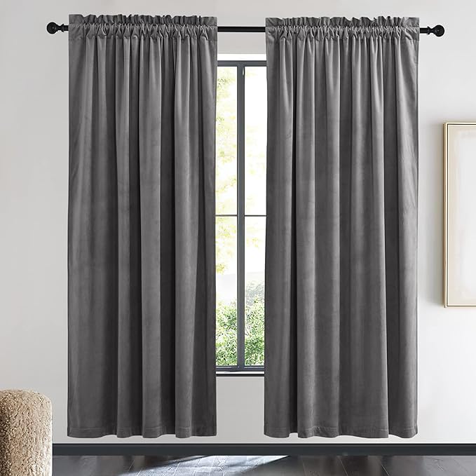 NICETOWN Grey Velvet Curtains 72 inches, Sound Reducing Heavy Matt Solid Rod Pocket Room Darkening Drapes/Panels for Living Room (2 Panel Per Pack, 72 inches Long)