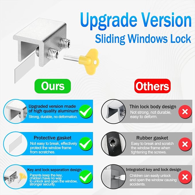 ZRFCXE Window Locks,4 Pack Sliding Window Locks with Key for Vertical & Horizontal Sliding Windows Doors,Easv to Install,Adjustable Security Window Lock for Patio Bedroom Home and Office (Silver)