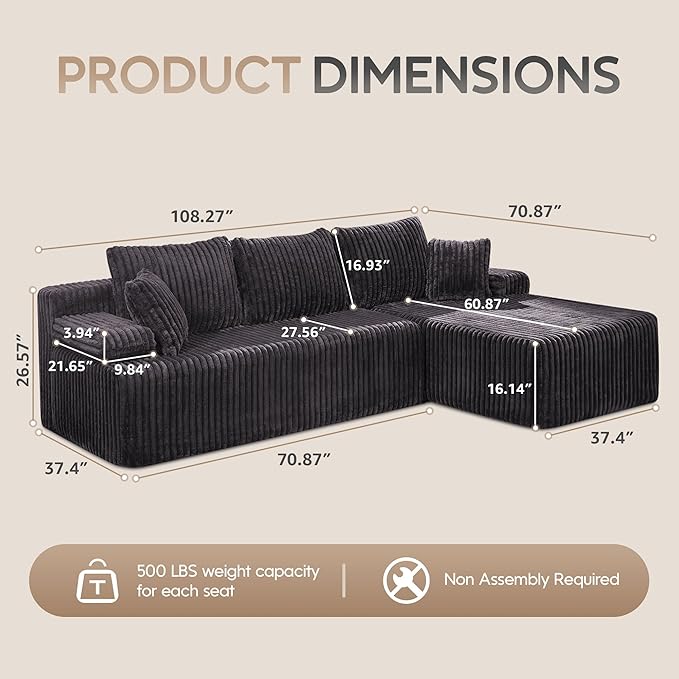 Modular Sectional Sofa Couches L-Shape Couch 3 Seat Modular Sofa Memory Foam Sectional Couches for Living Room, Cloud Couch with Oversized Chaise (Black Stripe, 108" Right Facing Chaise)