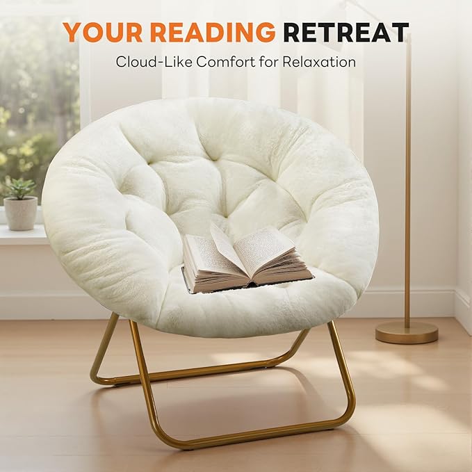Sweetcrispy Cozy Saucer Chairs Faux Fur Living Room Reading Lounge Furniture Folding Comfy with Soft Thick Padded Seat Metal Frame Modern Style for Bedroom Home Adults, X-Large, White
