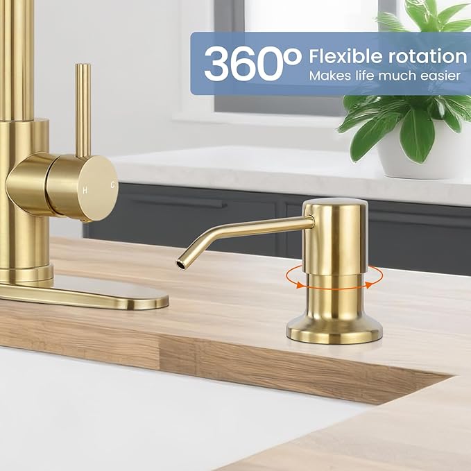 DJS Kitchen Faucets with Soap Dispenser - Dual Mode Setting Single Handle 1 or 3 Holes Commercial Black Kitchen Sink Faucet with Deck Plate for Farmhouse RV Vessel Basin (Brush Gold)