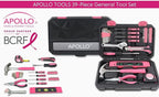 Apollo Tools 39 Piece General Household Tool Set in Toolbox Storage Case with Essential Hand Tools for Everyday Home Repairs, DIY and Crafts - Pink Ribbon - Pink - DT9711P