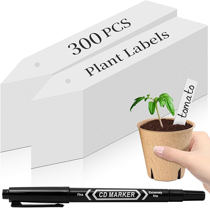 Dalzom® 300Pcs 4" Plant Labels with Marker Pen, Waterproof Plastic Plant Tags for Outdoor Seedlings Vegetable Garden Signs Markers Label Stakes (White)