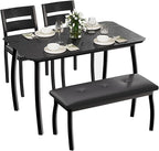 IDEALHOUSE 43'' Dining Table Set for 4, Wooden Kitchen Table with Upholstered Bench & 2 Cushion Chairs, Industrial Dinette Set for Studio, Kitchen, Dining Room, Apartment, Black