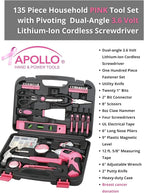Apollo Tools 135 Piece Household Pink Hand Tools Set with Pivoting Dual-Angle 3.6 V Lithium-Ion Cordless Screwdriver - DT0773N1