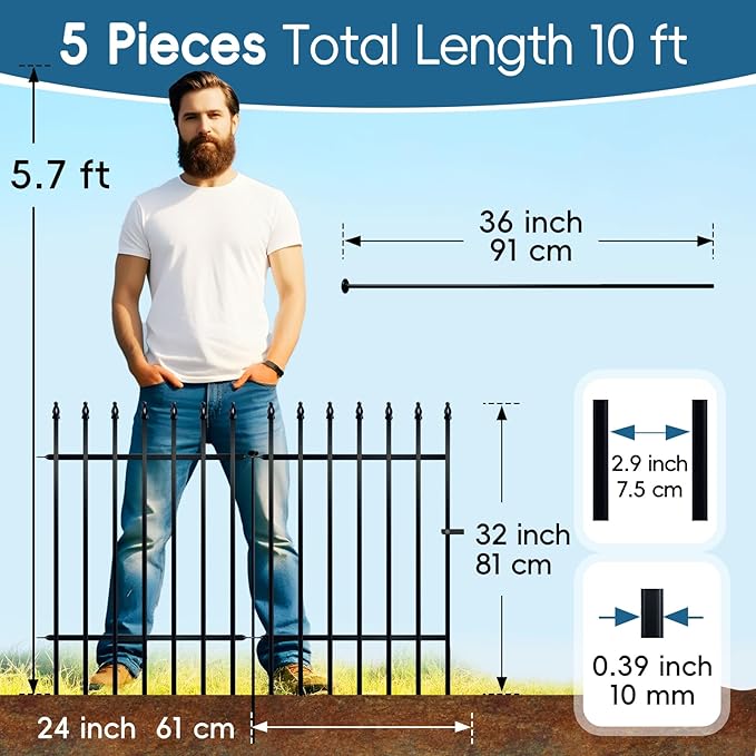 Metal Garden Fence 32 in H x 24 in W 5 Panels (4 Panels + 1 Gate) Total Length 10 ft, No Need Dig Rustproof Animal Barrier Fencing Border Fence for Dog, Patio,Yard, Landscape, Flower Bed