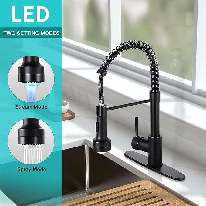 DJS Kitchen Faucets with Pull Down Sprayer LED Light Single Handle 1 or 3 Holes Spring Kitchen Sink Faucet with Deck Plate for Farmhouse RV Vessel Basin