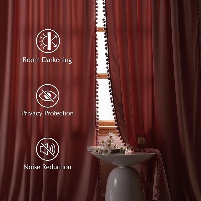 NICETOWN Blush Pink Short Velvet Curtains with Cute Pom-Pom Trim for Nursery 63 inch Long – Luxury Room Darkening Drapes Light Filtering Window Treatment for Girls, 52" W x 63" L, 2 Panels