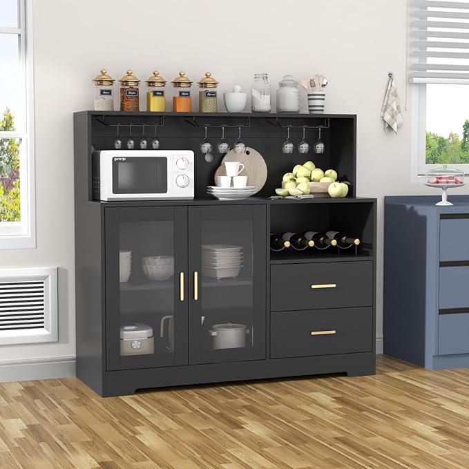 Bar Cabinet for Home with LED Light, Coffee Bar Cabinet with Wine & Glass Rack, Wine Cabinets with Drawers & Microwave Stand, Modern Liquor Cabinets for Kitchen, Living Room, Dining Room (Black)