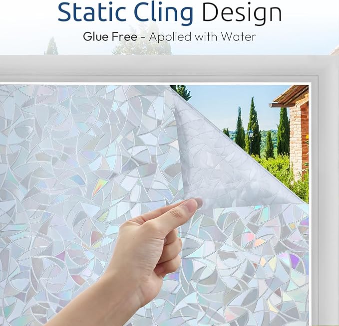 rabbitgoo Window Privacy Film Rainbow Film Decorative Window Sticker, 3D Static Stained Glass Cling Tint for Home Heat Control Non-Adhesive, Grayish Silver, 35.4 x 118.1 inches