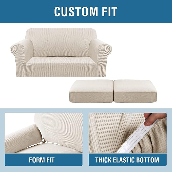 H.VERSAILTEX 3 Piece Stretch Sofa Covers for 2 Cushion Loveseat Couch Covers for Living Room Furniture Cover (Base Cover Plus 2 Seat Cushion Covers) Thicker Jacquard Fabric(Medium, Island Fossi)