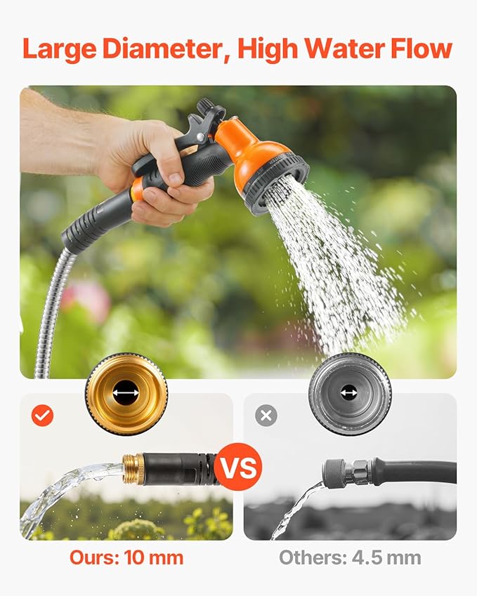 VEVOR Metal Garden Hose 25 ft, Rust Proof Stainless Steel Water Hose, Heavy Duty Backyard Hose with 10 Function Nozzle, No-Kink & Flexible Water Pipe, Lightweight Metal Hose for Yard, Outdoor