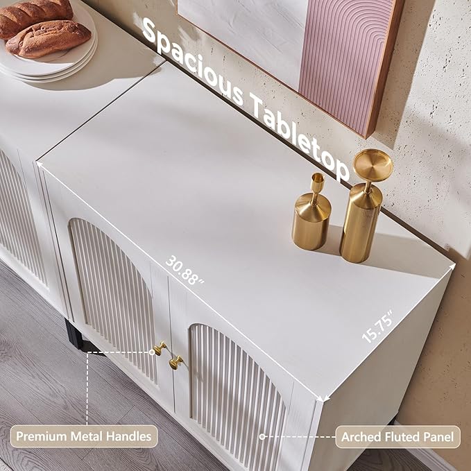 Modern Buffet Cabinet with Storage, 92.63" W Fluted Arched Sideboard Cabinet w/Adjustable Shelves, Wooden Modular Coffee Bar for Dining Room, Kitchen, Living Room, Entryway, White