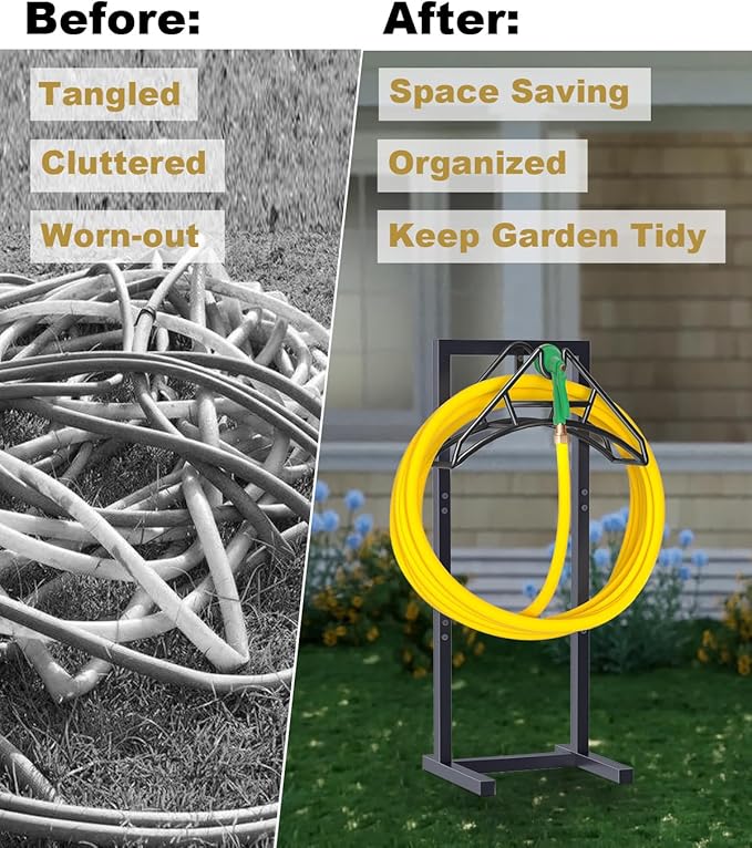Outdoor Garden Hose Holder Freestanding with 4 Spikes, Heavy Duty Metal Water Hose Reel Stand Hanger Rack Organizer Holds Storage 150ft Hose for Outside Yard Lawn, Black