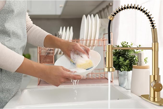 DJS Kitchen Faucets with Pull Down Sprayer Brushed Gold High Arc Single Handle 1 or 3 Holes Spring Kitchen Sink Faucet with Deck Plate for Farmhouse RV Vessel Basin