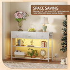 Furologee 38in Console Table with 3 Drawers, Small Sofa Table with Lights and Power Outlets, Hallway Tables with 3-Tier Shelves, White Narrow Console Table for Entryway, Living Room, Couch, Foyer