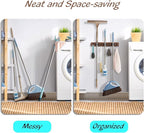 2 Pack Mop Broom Holder Wall Mount with 3 Slots & 4 Hooks - Rustic Wood Broom Mop Hanger for Pantry Kitchen Organization - Garden Tool Organizer for Closet Laundry Room