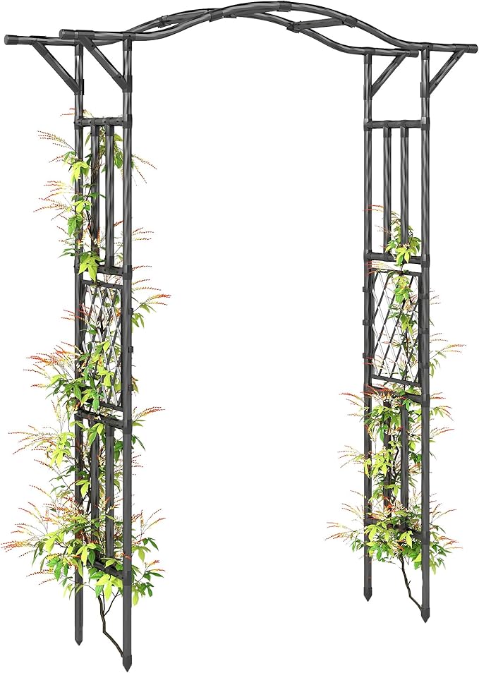 Outsunny Garden Arch, 7.5ft PE-Coated Steel Garden Arch Trellis for Climbing Plants, Arbour Archway with Extended Top for Wedding Ceremony Garden Backyard Lawn Patio, Black