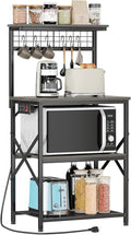 Furologee Kitchen Bakers Rack with Power Outlet, Coffee Bar Station with Storage 4 Tiers, Microwave Oven Stand with 6 S Hooks, Kitchen Storage Shelves Rack for Spices, Pots, Black Oak